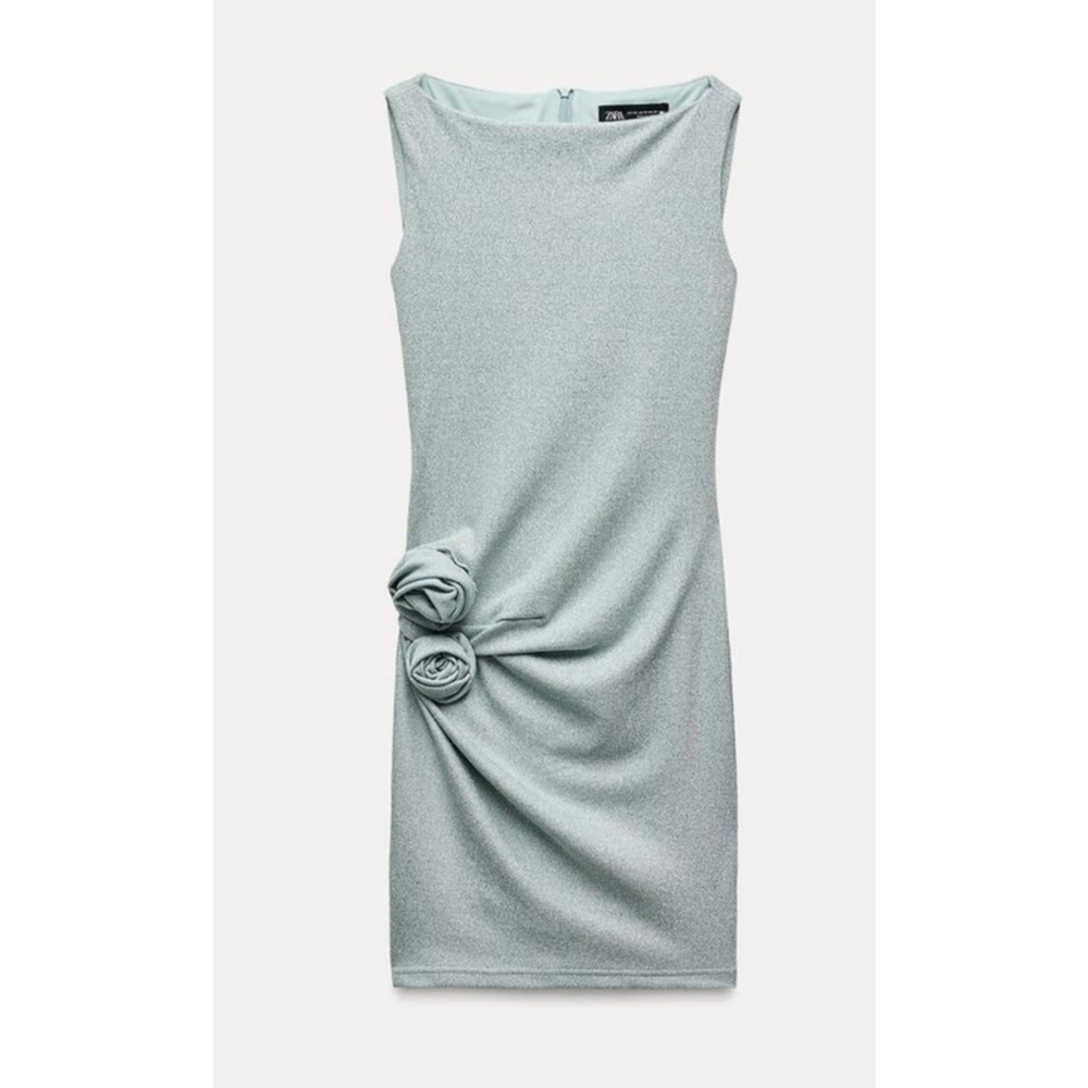 Zara sleeveless metallic thread knit boat neck dress. Sky‎ Blue in size Med.